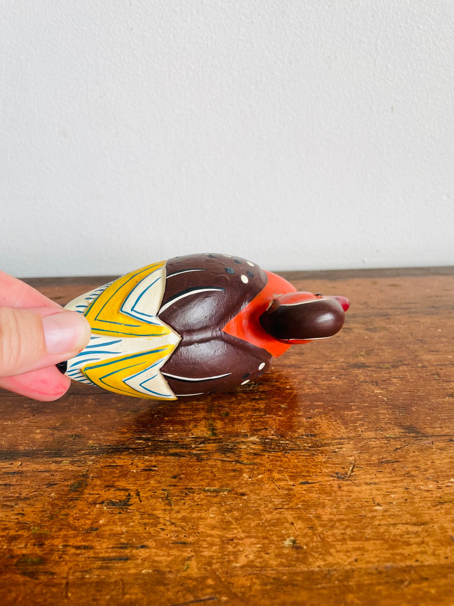 Vintage Small Wood Decoy Duck Figurine with Brightly Coloured Hand Painted Design