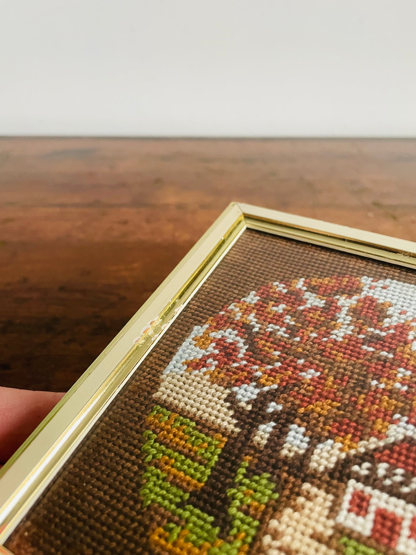 Vintage Mini Needlepoint Embroidery Picture in Square Frame - Fall Season - Red Roof House on Road with Trees of Changing Leaves