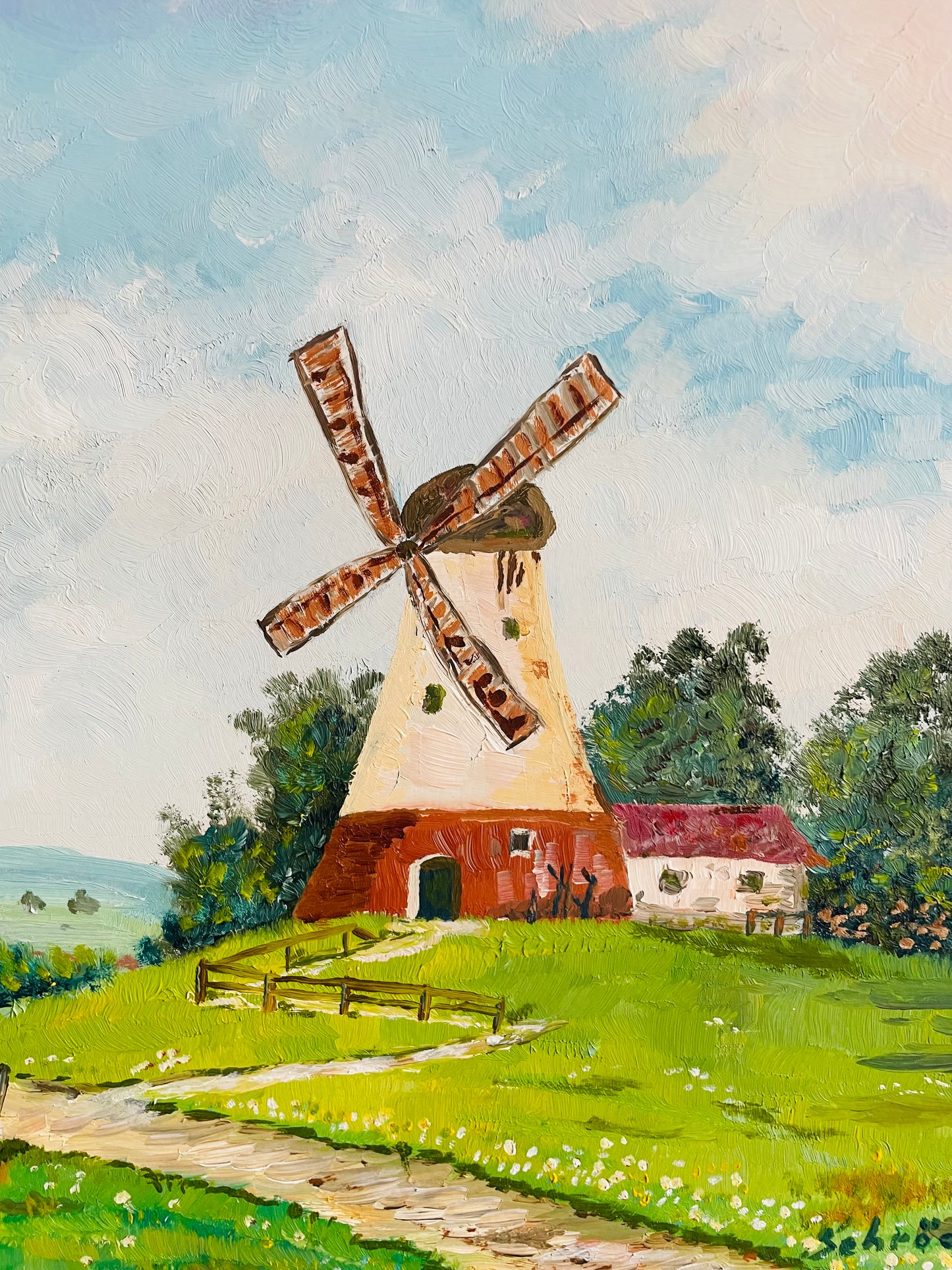 Vintage 1982 Original Art Painting of Dutch Countryside Scene - Green Grass Meadow & Windmill Cottage - Artist Signed