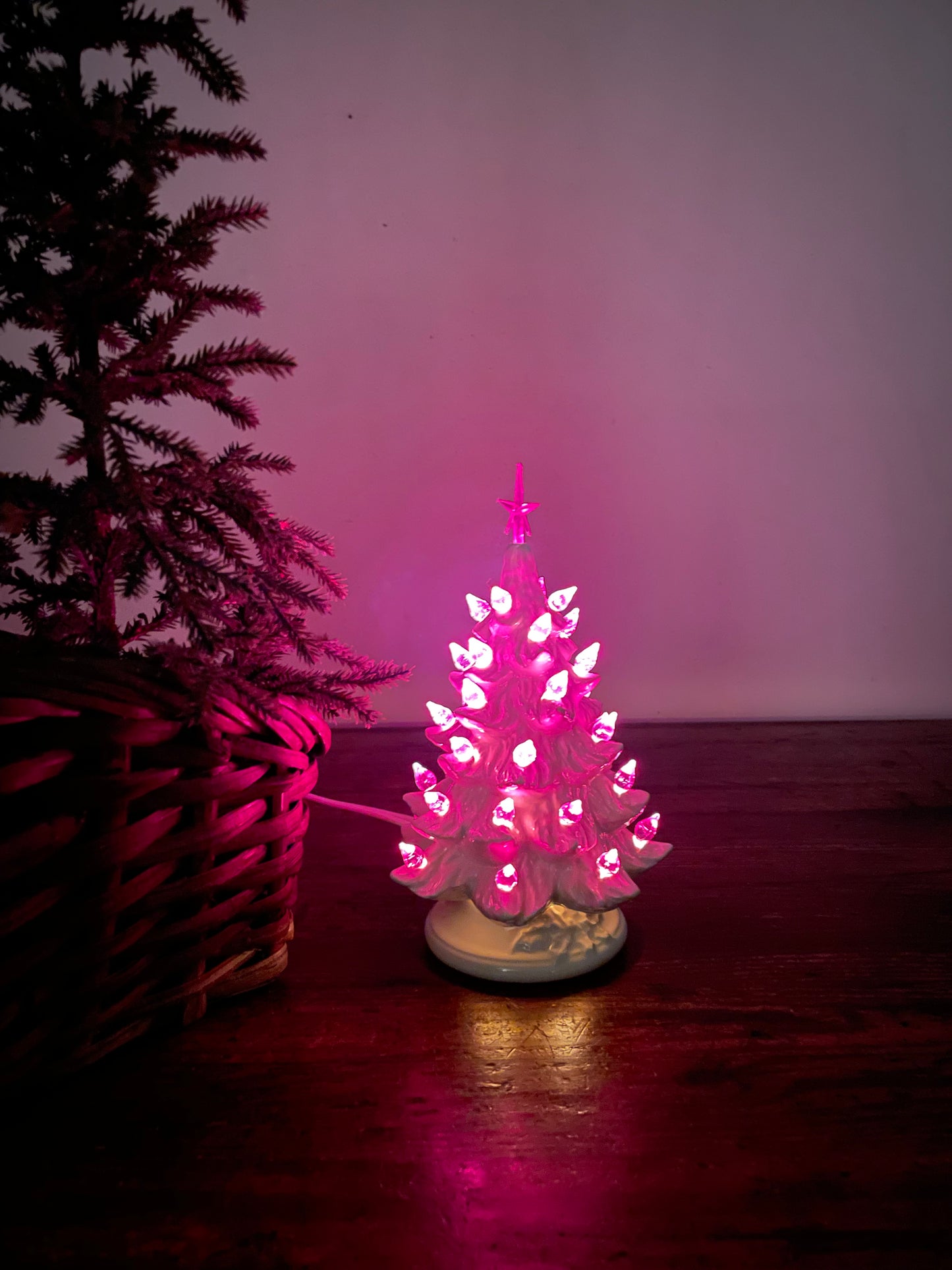 Miniature White Ceramic Light Up Christmas Tree with Purple Bulbs & Star (2005)