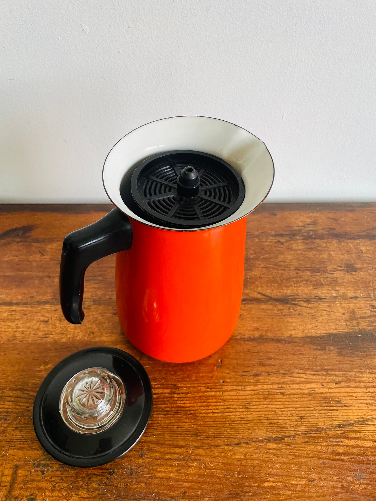 Mid-Century Modern Vibrant Orange Enamel Coffee Percolator or Tea Kettle