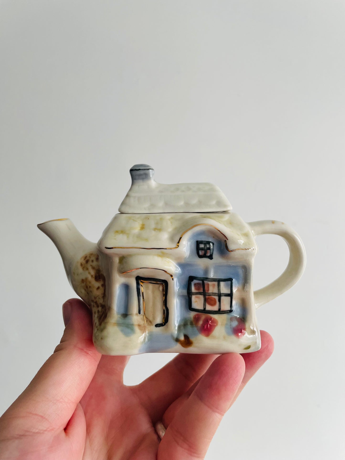 Miniature & Adorable Teapot - Country Cottage with Blue & Black Windows & Door