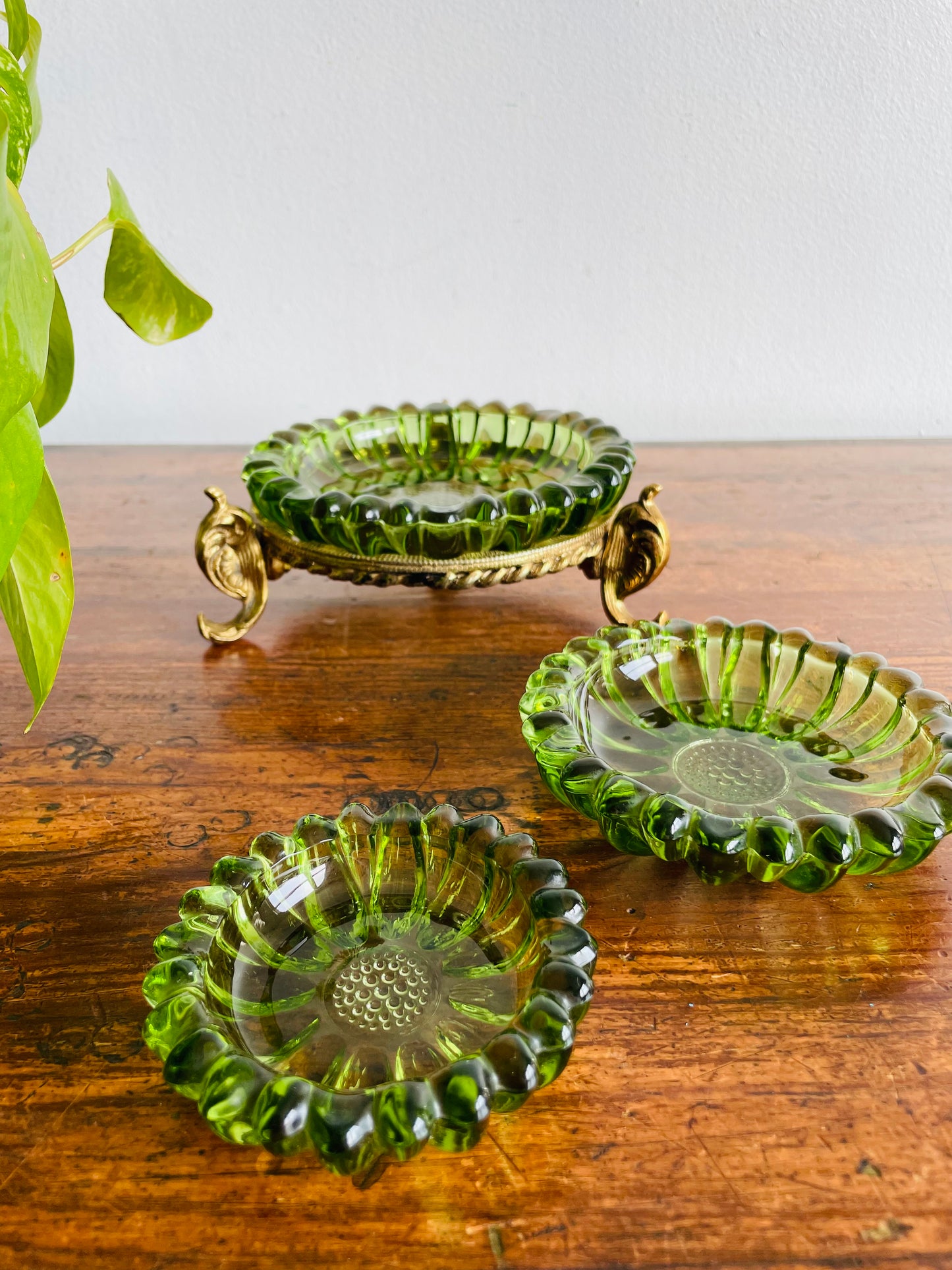 Hazel Atlas Green Glass Nesting Flower Ashtrays or Trinket Dishes in Solid Brass Holder - Set of 4 Pieces