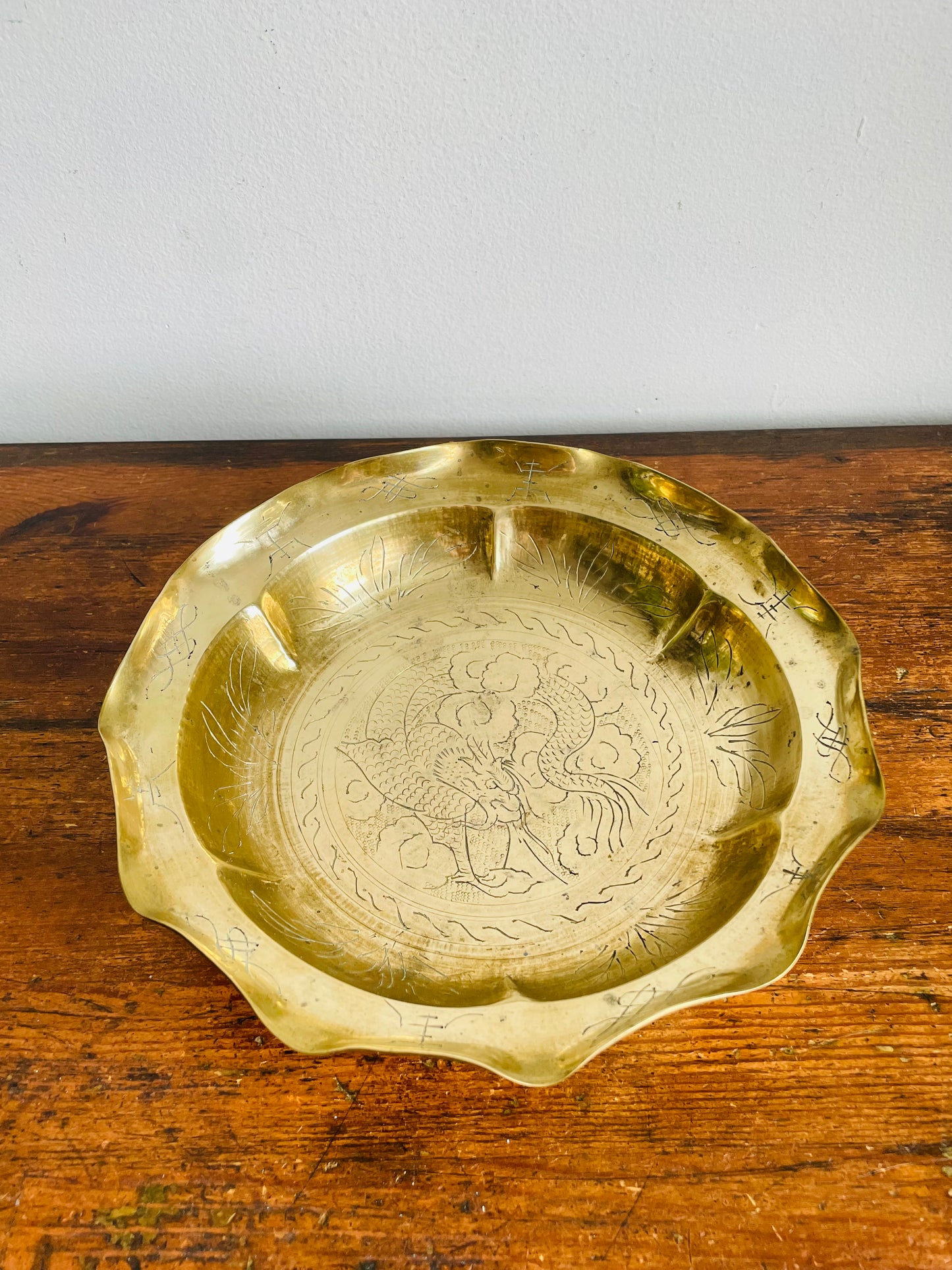 Vintage Solid Chinese Brass Footed Bowl with Etched Dragon Design