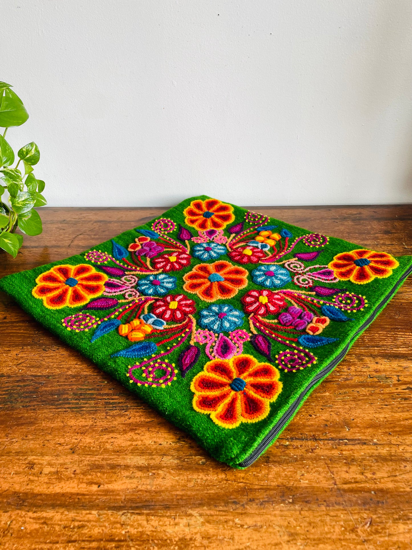 Vintage Green Zippered Wool Pillowcase Throw Pillow Cushion Cover with Fun & Bright Embroidered Folk Art Flower Design - Whimsical Decor