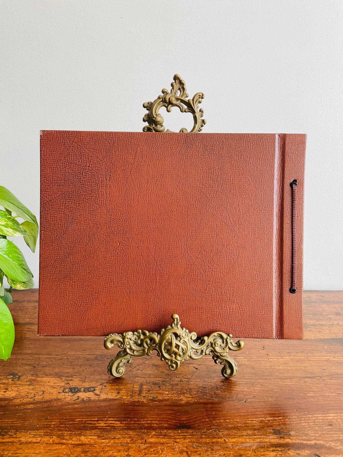 Antique Photo Album or Scrapbook - Brown with Embossed Maple Leaves & Landscape Photo of Mountain with Cabins - Black Pages - Empty