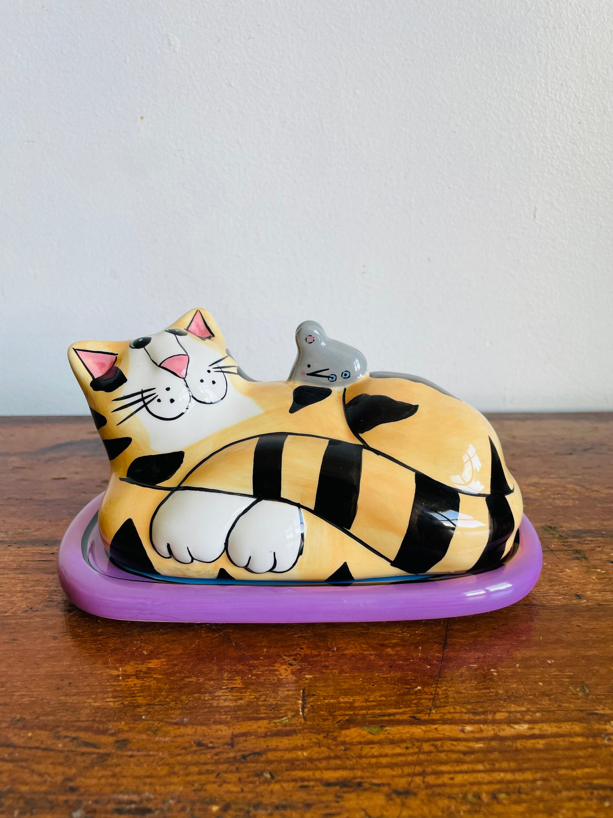 Vintage 2002 Bright & Fun Catzilla Striped Orange Cat & Mouse Butter Dish - Candace Reiter Designs - Whimsical Home Decor