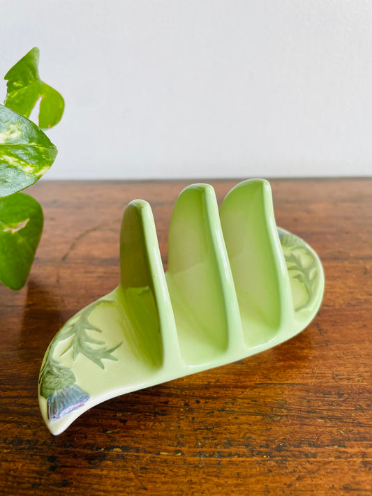 Vintage 1940s Pastel Green Royal Winton Grimwades 2-Slice Toast Rack Holder with Scottish Thistle Flower Design - Made in England - Also Great for Holding Photos, Mail, Postcards, Etc.