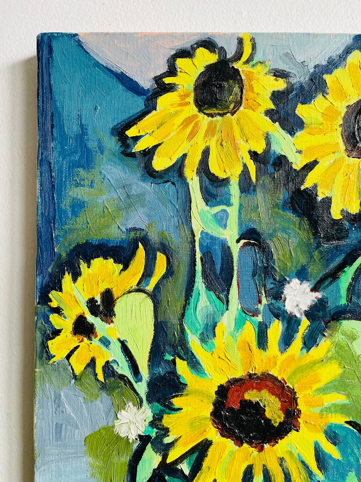 Vintage 1997 Sunflower Garden & Cat Abstract Original Art Painting on Canvas - Artist Signed A. James