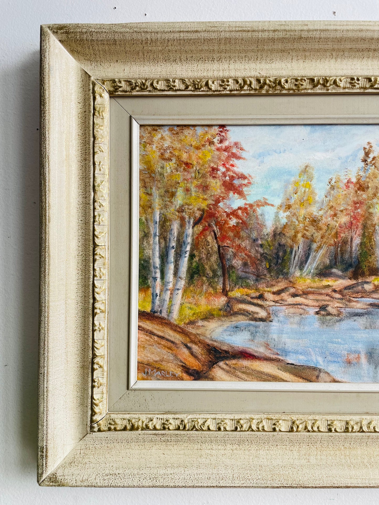 Vintage Original Art Painting Picture in Gold & White Wood Frame - Hudson Point on Lake Muskoka - Artist Signed