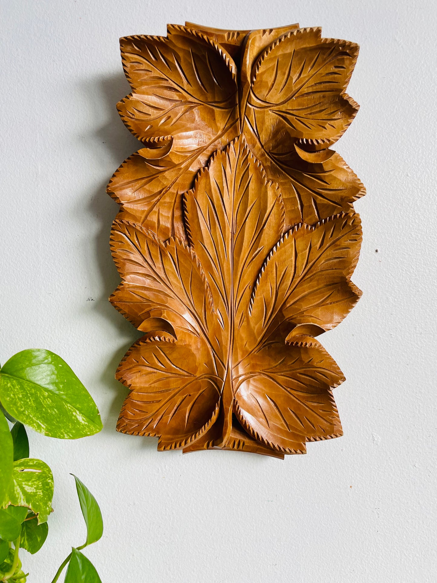 Vintage Gorgeous Carved Wood Tray with Leaf Design & Handles - Can Hang or Lay Flat
