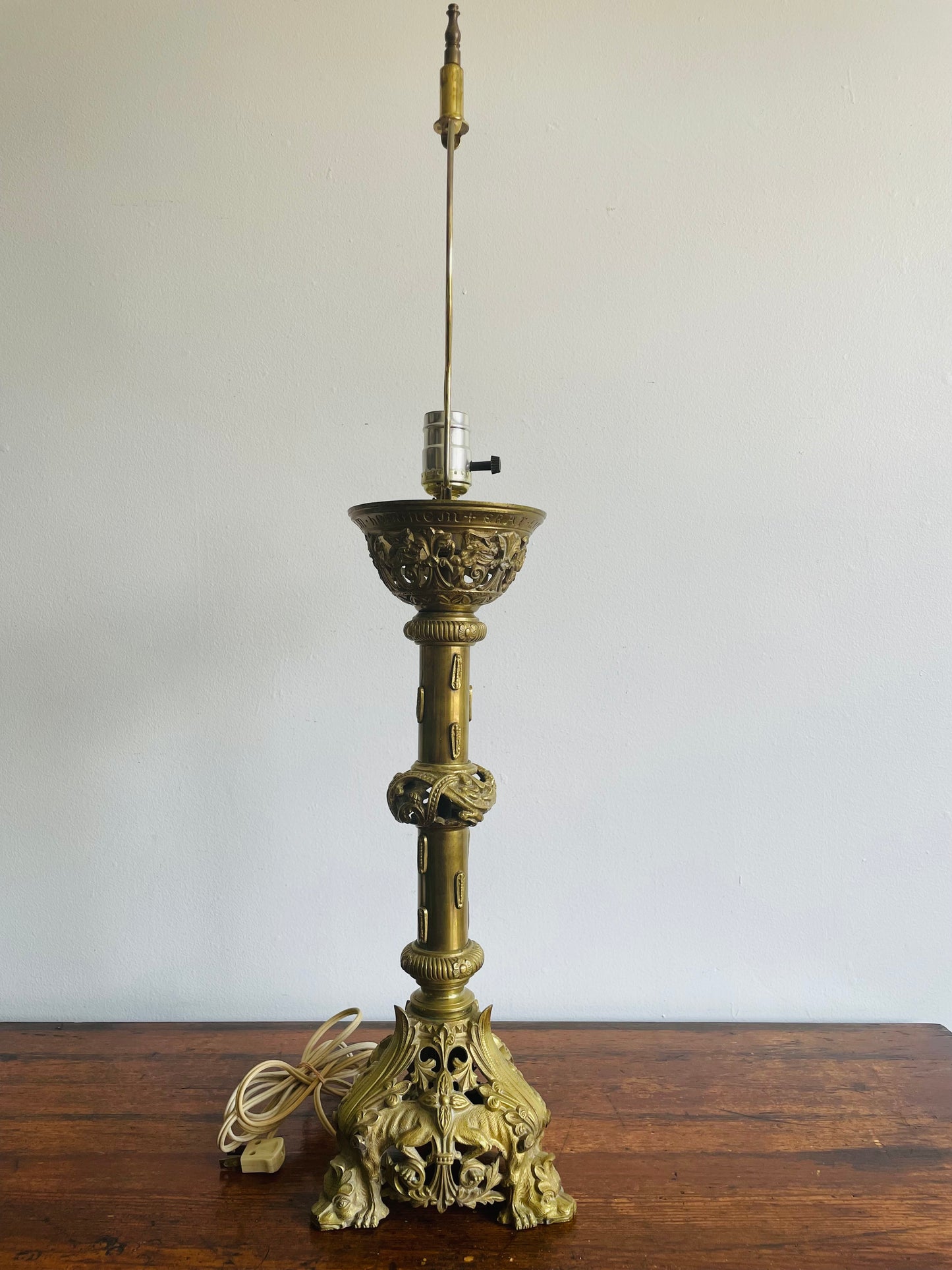 Antique Heavy Solid Brass Church Altar Candle Holder Turned Into Lamp - Originally from Montreal