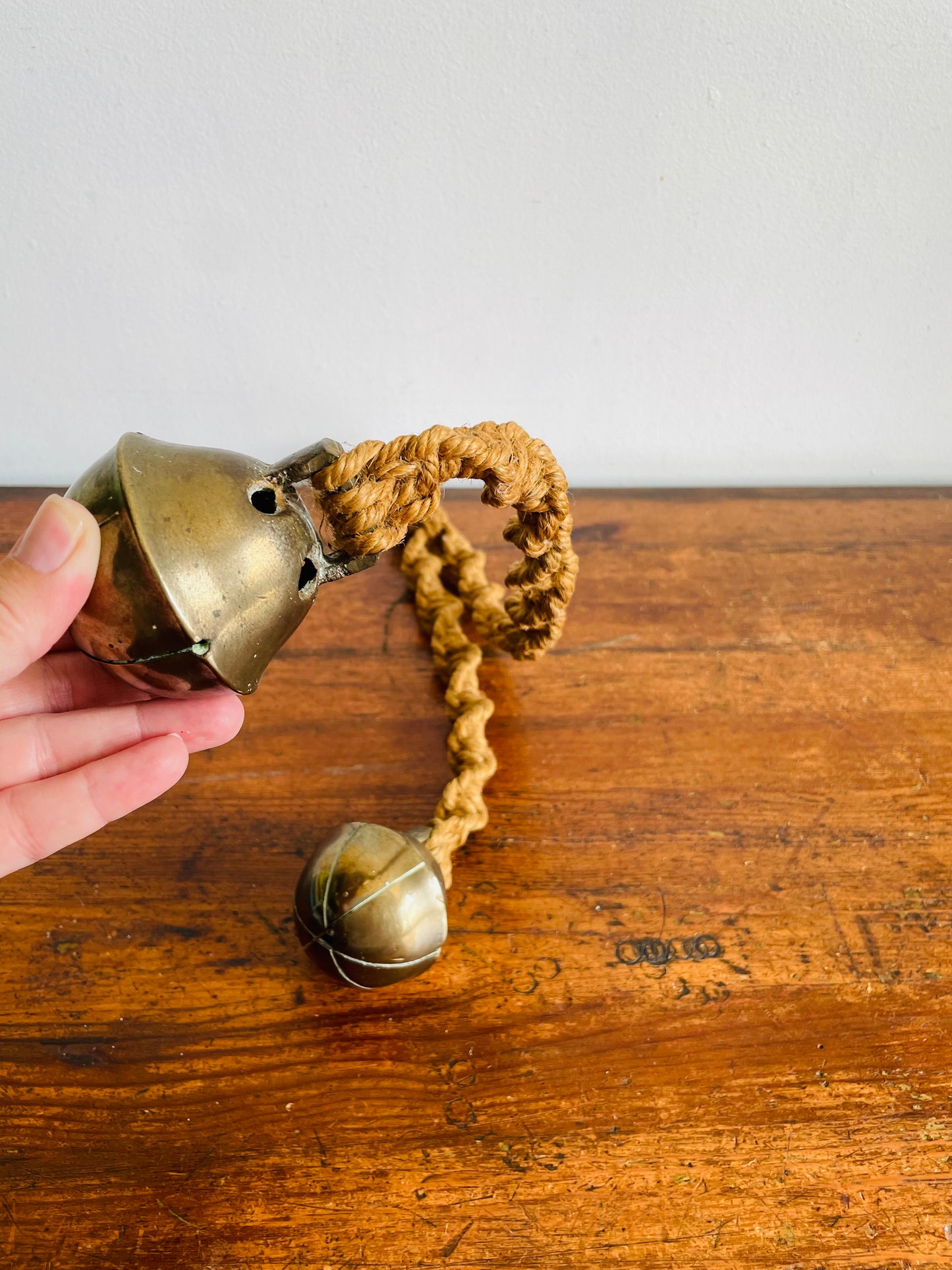 Vintage Handwoven Jute Rope Macrame Garland with Large Brass Jingle Bells - Wall Decor, Chime, Curtain Tieback, Etc.