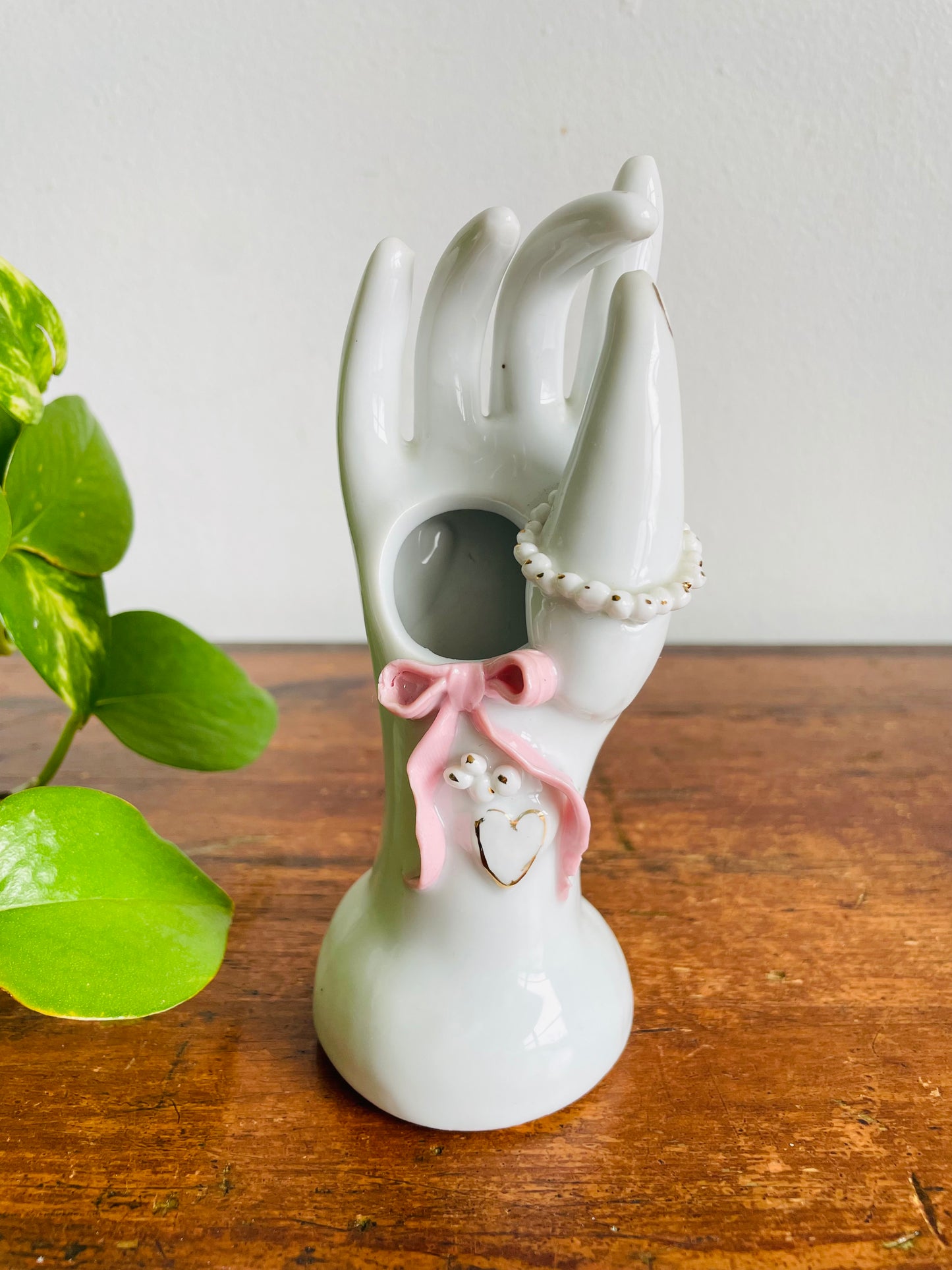 Vintage Porcelain White Hand Bud Vase with Pink Bow & Heart Design