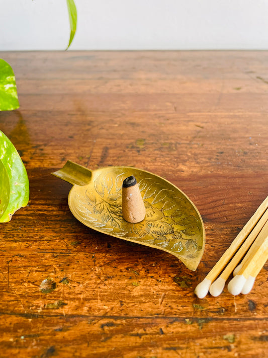Etched Brass Leaf Shaped Individual Ashtray - Also Great for Cone Incense!