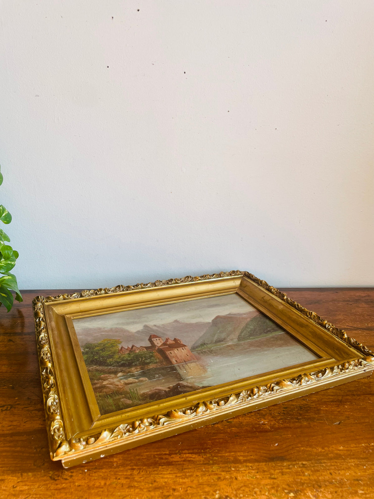 Vintage Original Art Painting Picture in Ornate Gold Frame - Chillon Castle, Switzerland On Lake Geneva with Dents du Midi Alps Mountain Range in Background