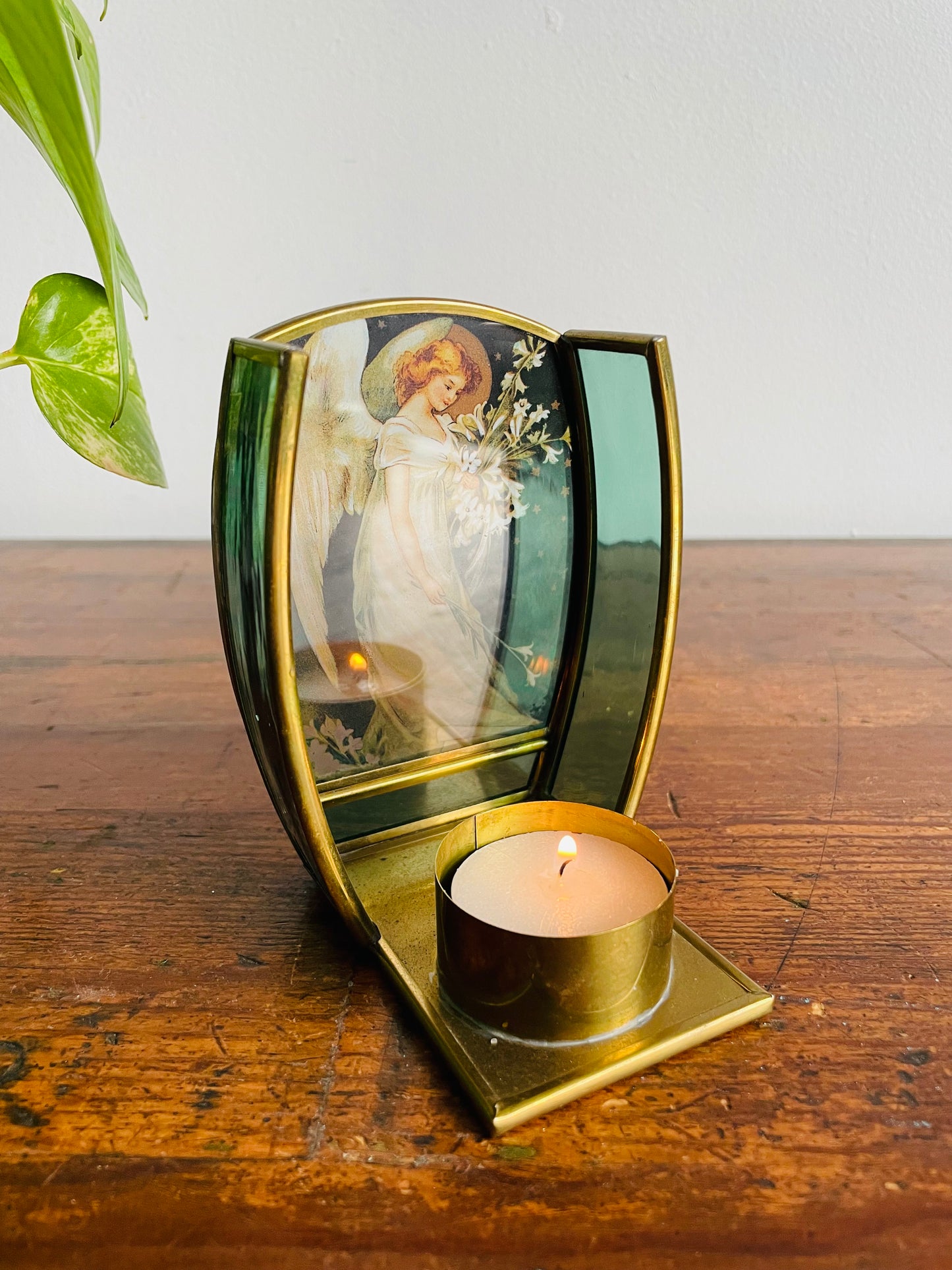 Enesco Brass & Stained Glass Tealight Candle Holder with Angel Holding Lily Flowers - Made in Mexico