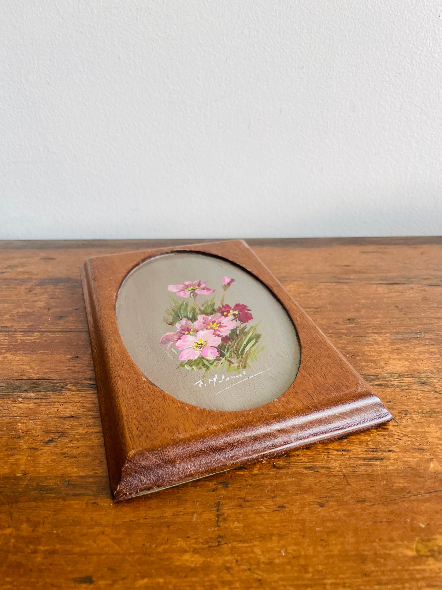 Original Art Painting on Wood Plaque of Purple & Pink Flowers - Artist Signed