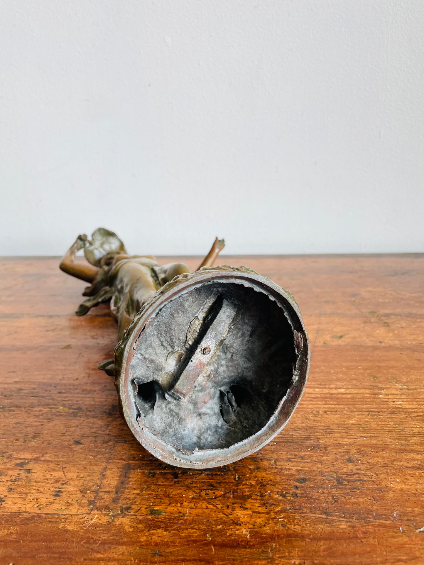 Vintage Art Nouveau Spelter Zinc Sculpture Statue with Bronze Patina - Playful Woman in Dress Frolicking with Leaf - Auguste Moreau Style - Please Read Note