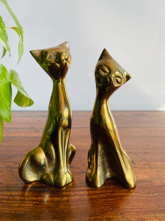 Solid Brass Tall Cat Figurines - Made in Korea - Set of 2