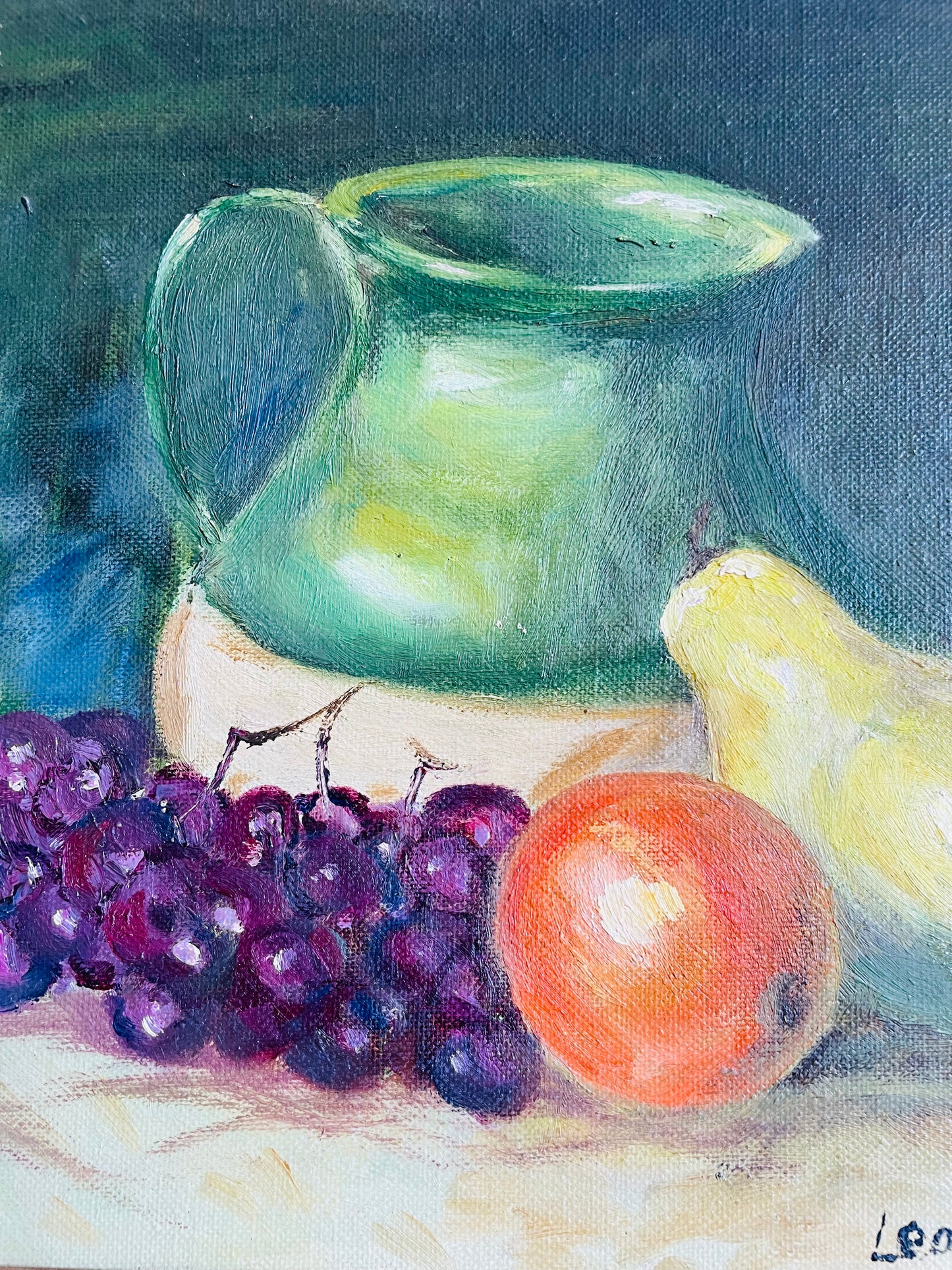 Vintage Original Art Painting of Still Life Scene with Fruit & Pottery Jug - Signed Leo Harris