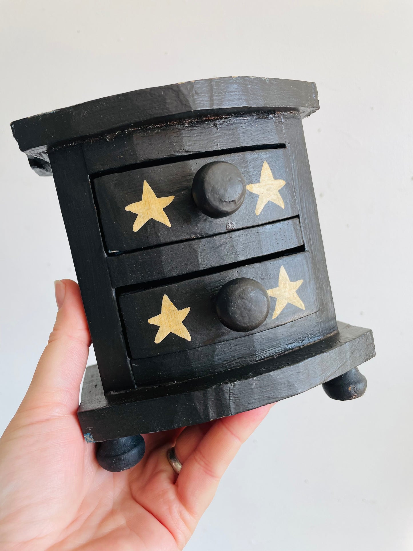 Vintage Black Wooden Mini Dresser Jewellery Box with Painted Star & Gecko Lizard Design - 2 Drawers & Knob Feet