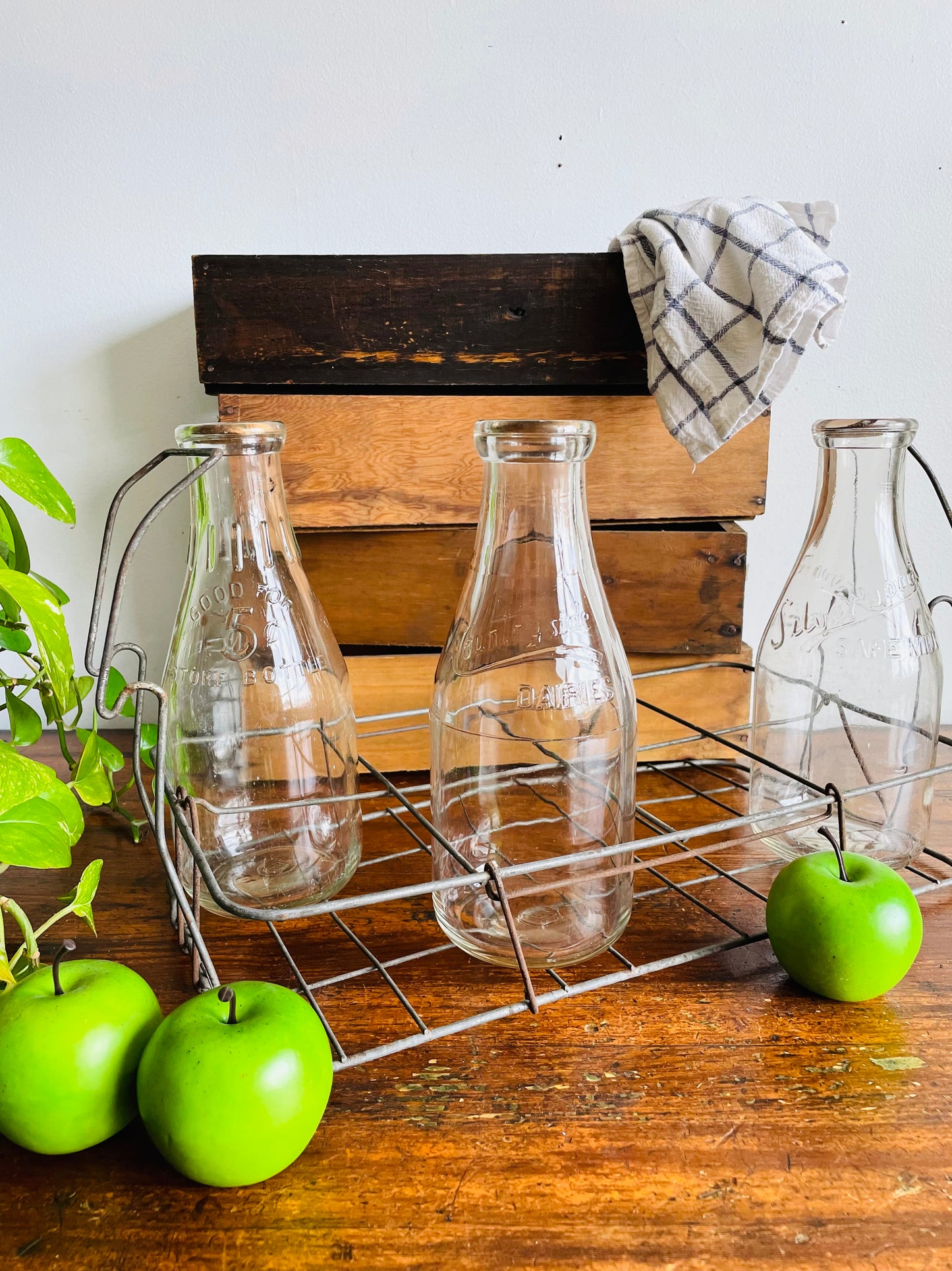 Vintage Metal Milk Bottle Caddy Carrier with Handles & Three Glass Milk Bottles with Cardboard Bottle Caps