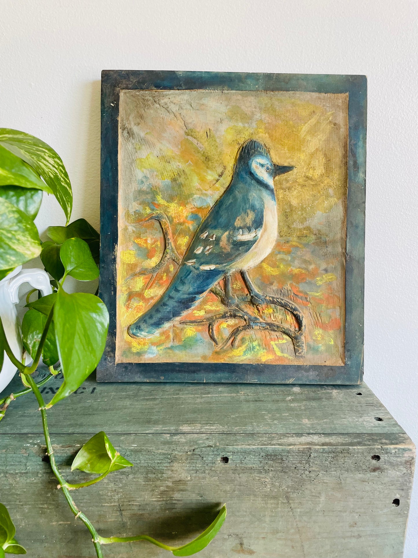 Handmade One of a Kind Recessed Wood Picture Plaque Sign with Blue Jay Bird