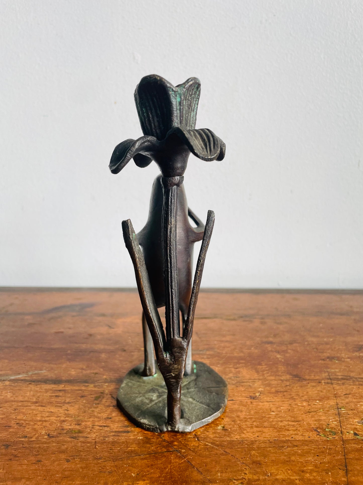 Vintage Solid Bronze Brass Trumpet Playing Frog Musician on Lily Pad with Flower Candle Holder