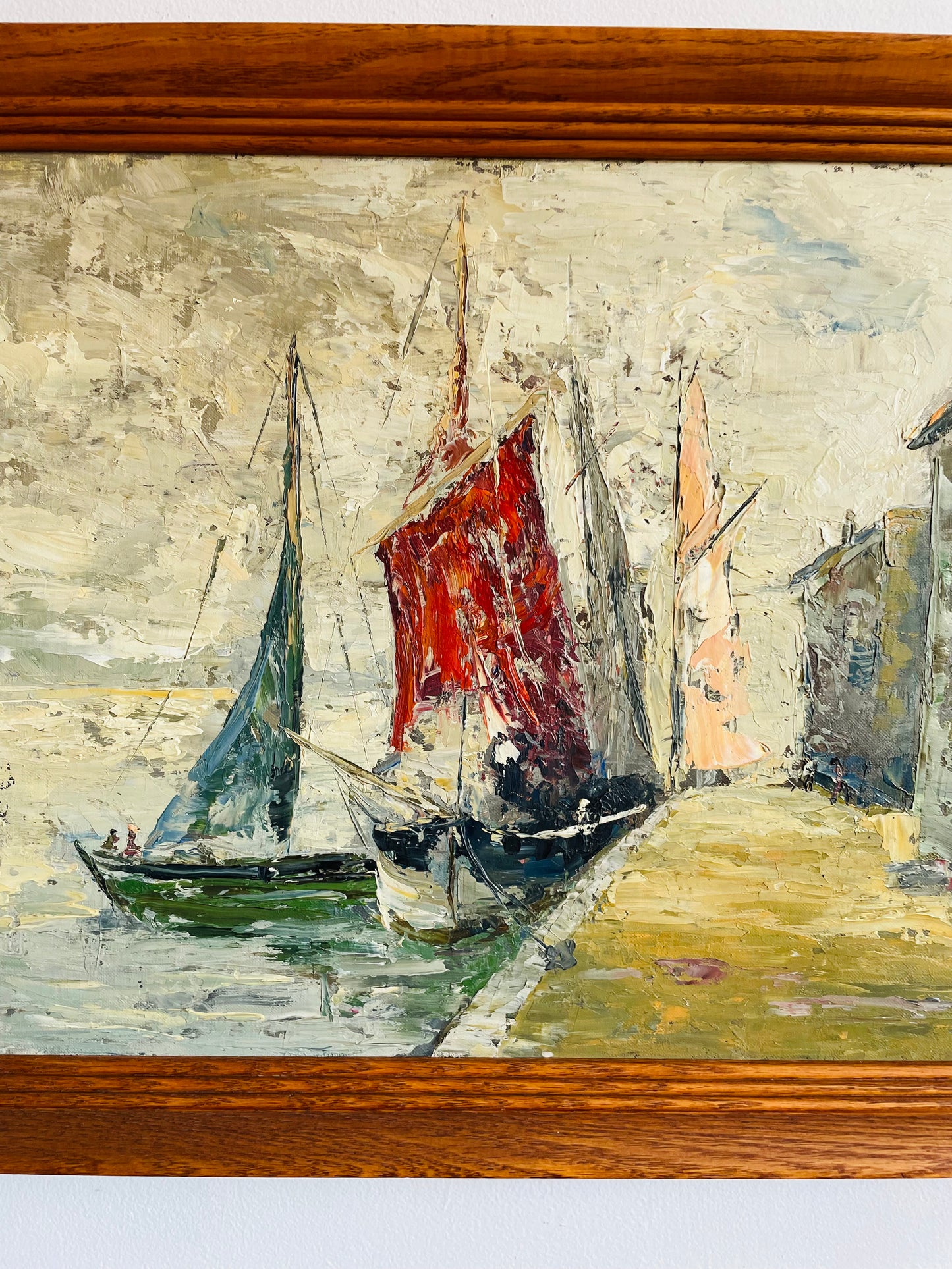 Vintage Original Art Painting - Impressionist Impasto Style - Sailboats & Fishing Ships Docked Along Wharf - "Marine Life" - Artist Signed - Purchased from a Fort Erie Estate - No Shipping