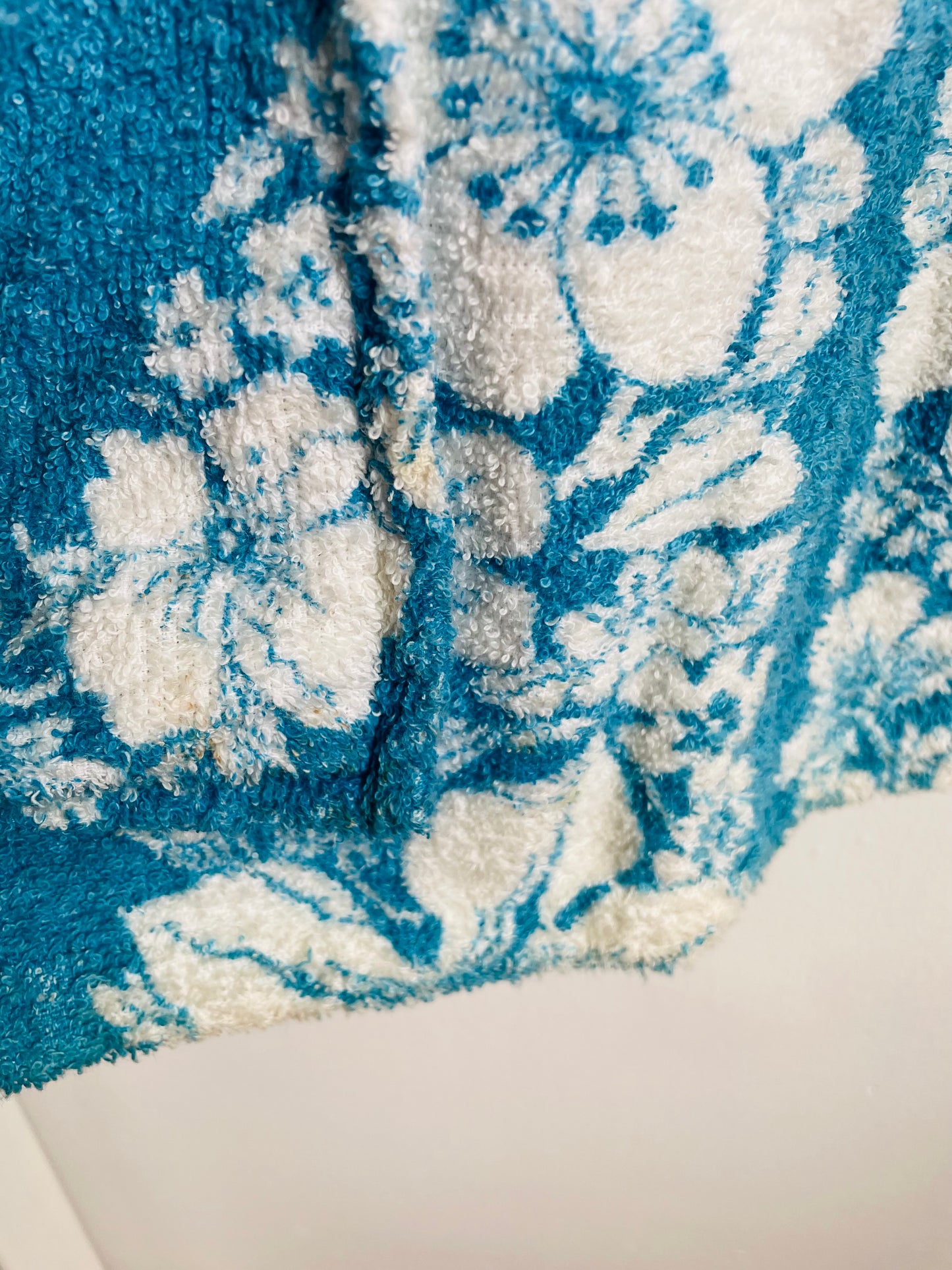 Zippered Terry Cloth Towel Dress or Beach Cover-Up with Pockets & Blue & White Tropical Hibiscus Flower Design