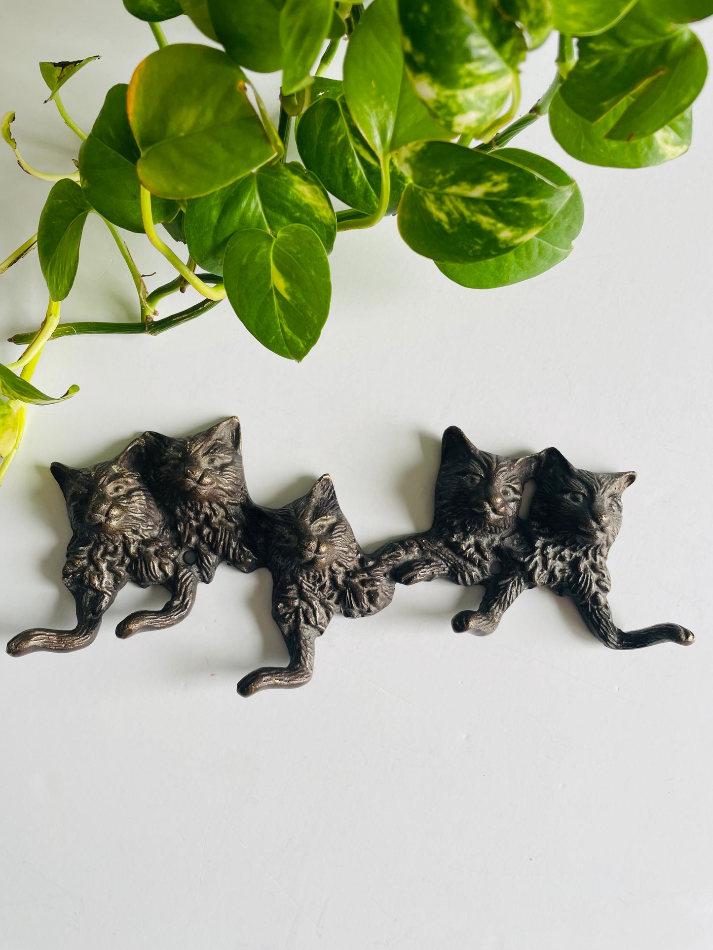 Vintage Solid Brass Kitten Cats Wall Hook Hanger or Key Rack