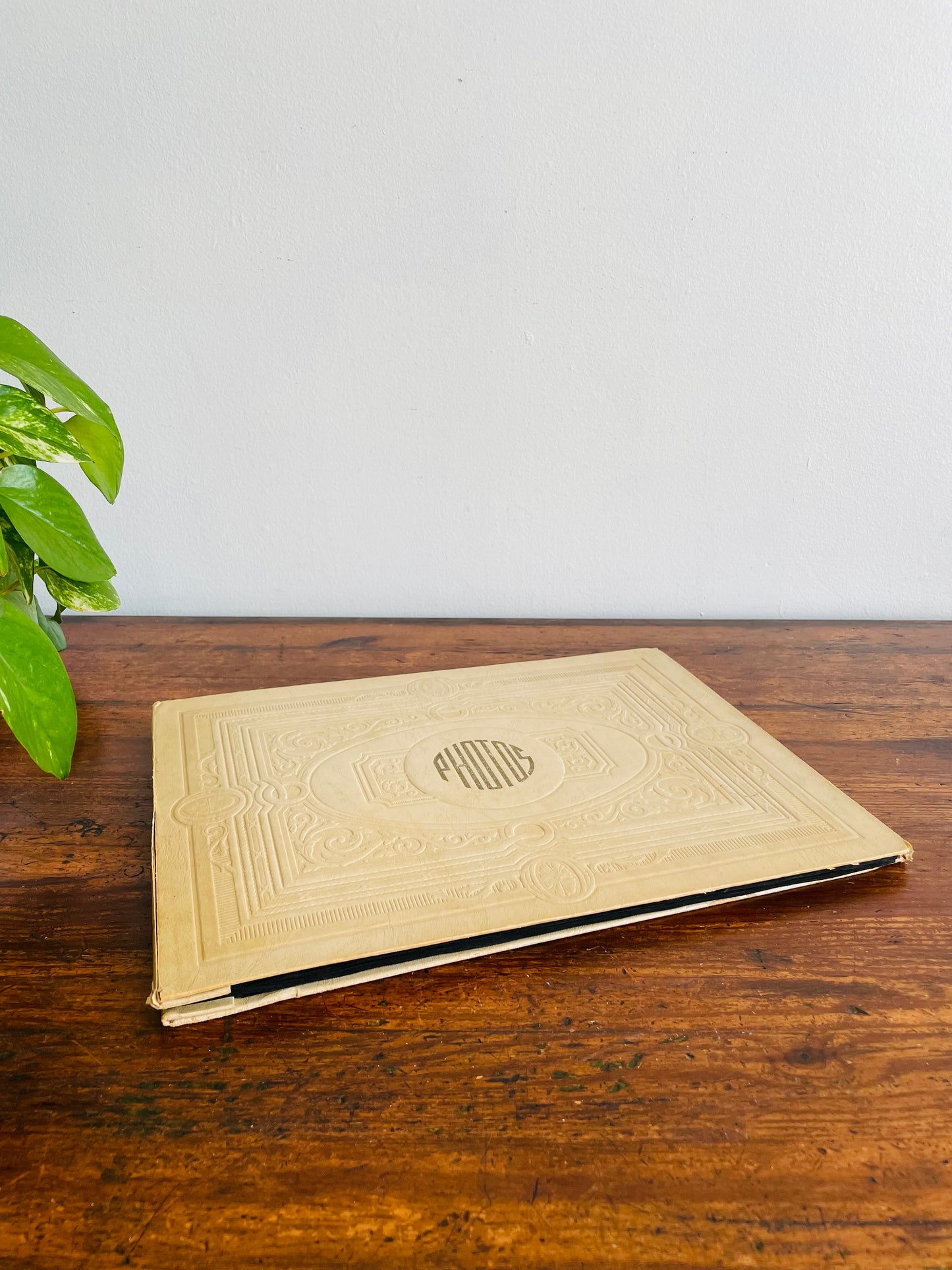 Antique Photo Album or Scrapbook - Cream with Embossed Design - Black Pages - Empty