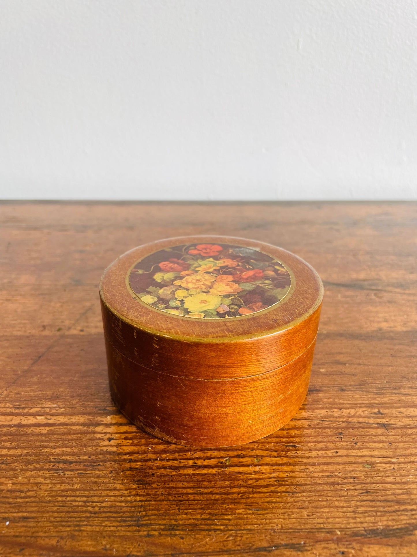 Round Wood & Tin Trinket Box with Floral Lid