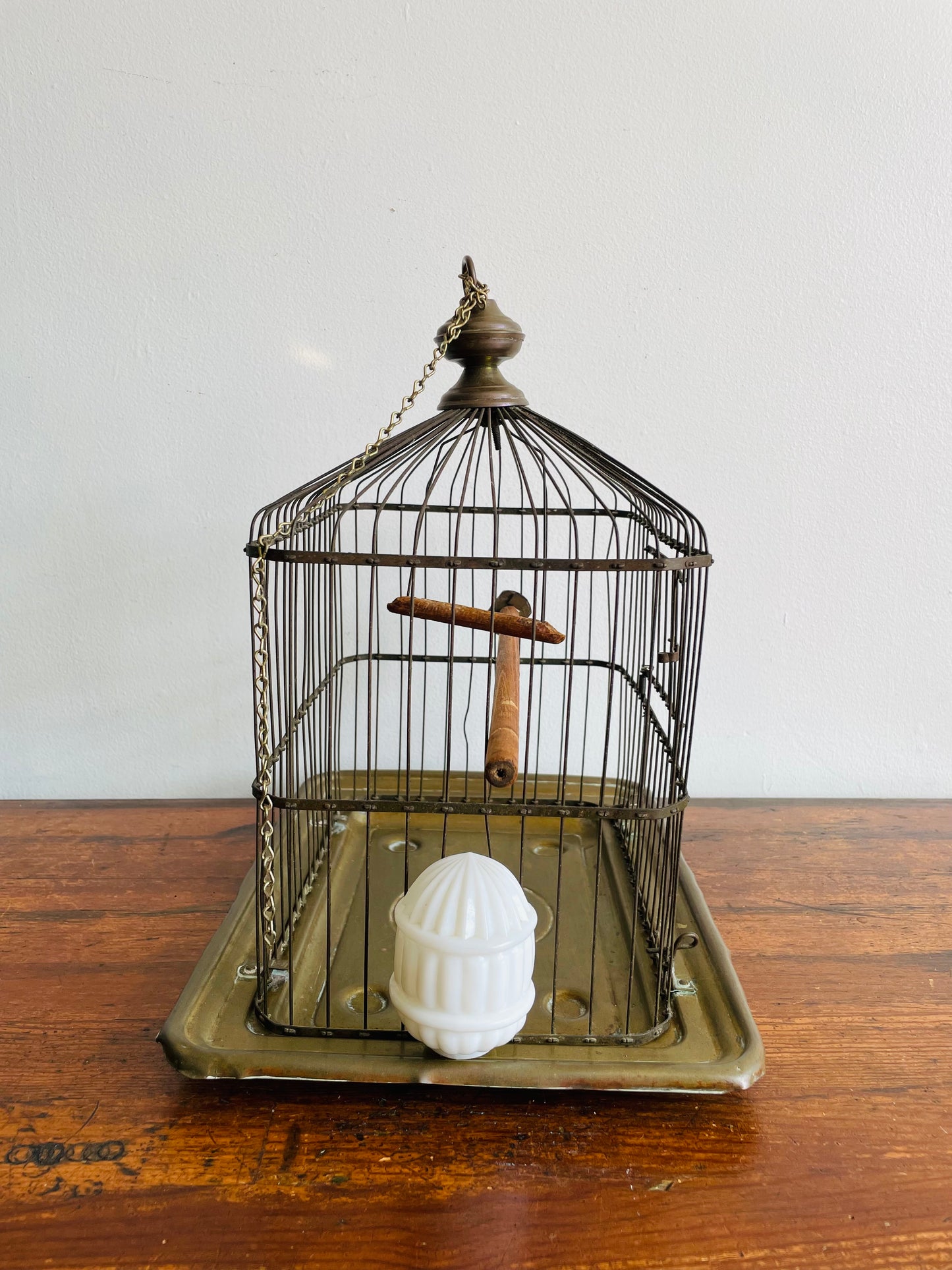 Antique Hendryx Brass & Metal Wire Bird Cage with Wood Perches & Milk Glass Food Dish - Art Deco Decor