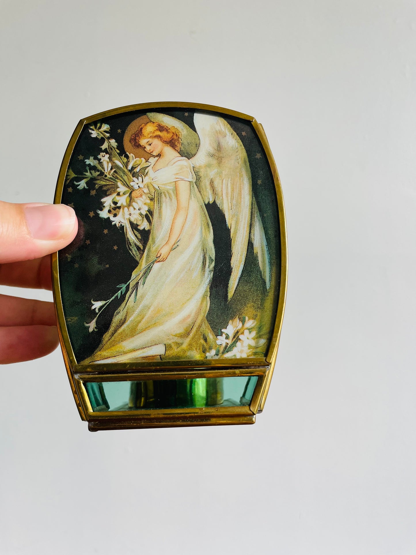 Enesco Brass & Stained Glass Tealight Candle Holder with Angel Holding Lily Flowers - Made in Mexico