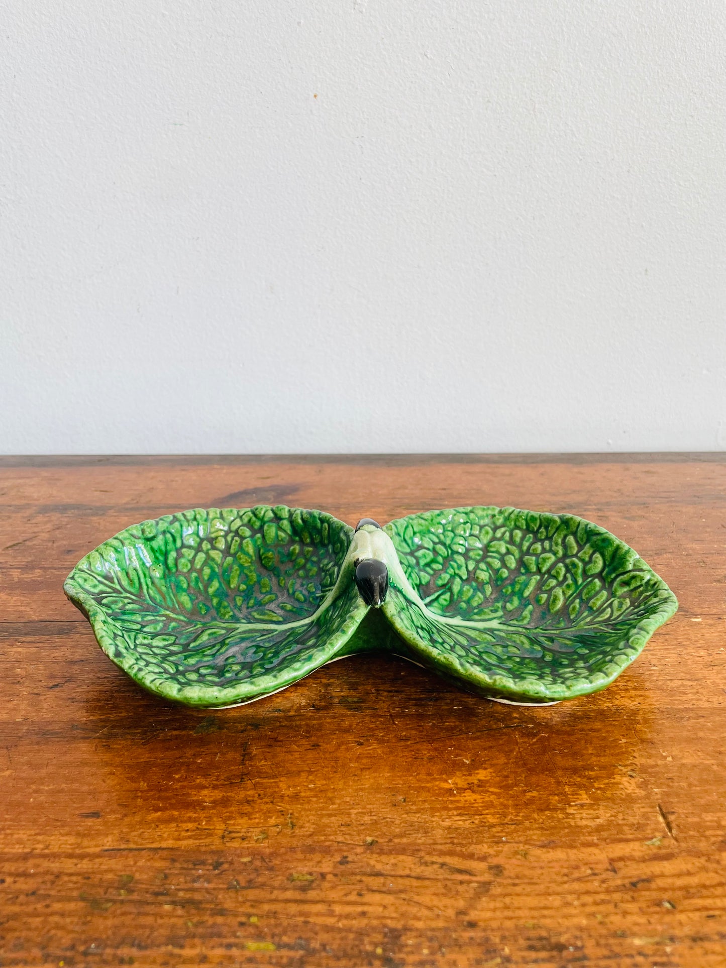 Vintage Cabbageware Cabbage Leaf Divided Double Bowl Dish - Trinkets, Jewellery, Serving, Etc.