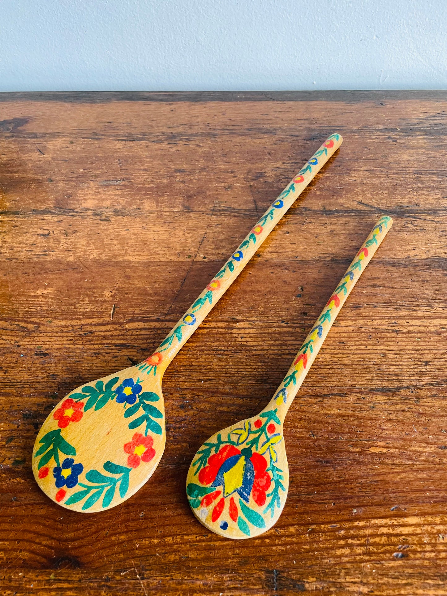 Hand Painted Wooden Spoons with Folk Art Flower Design - Set of 2