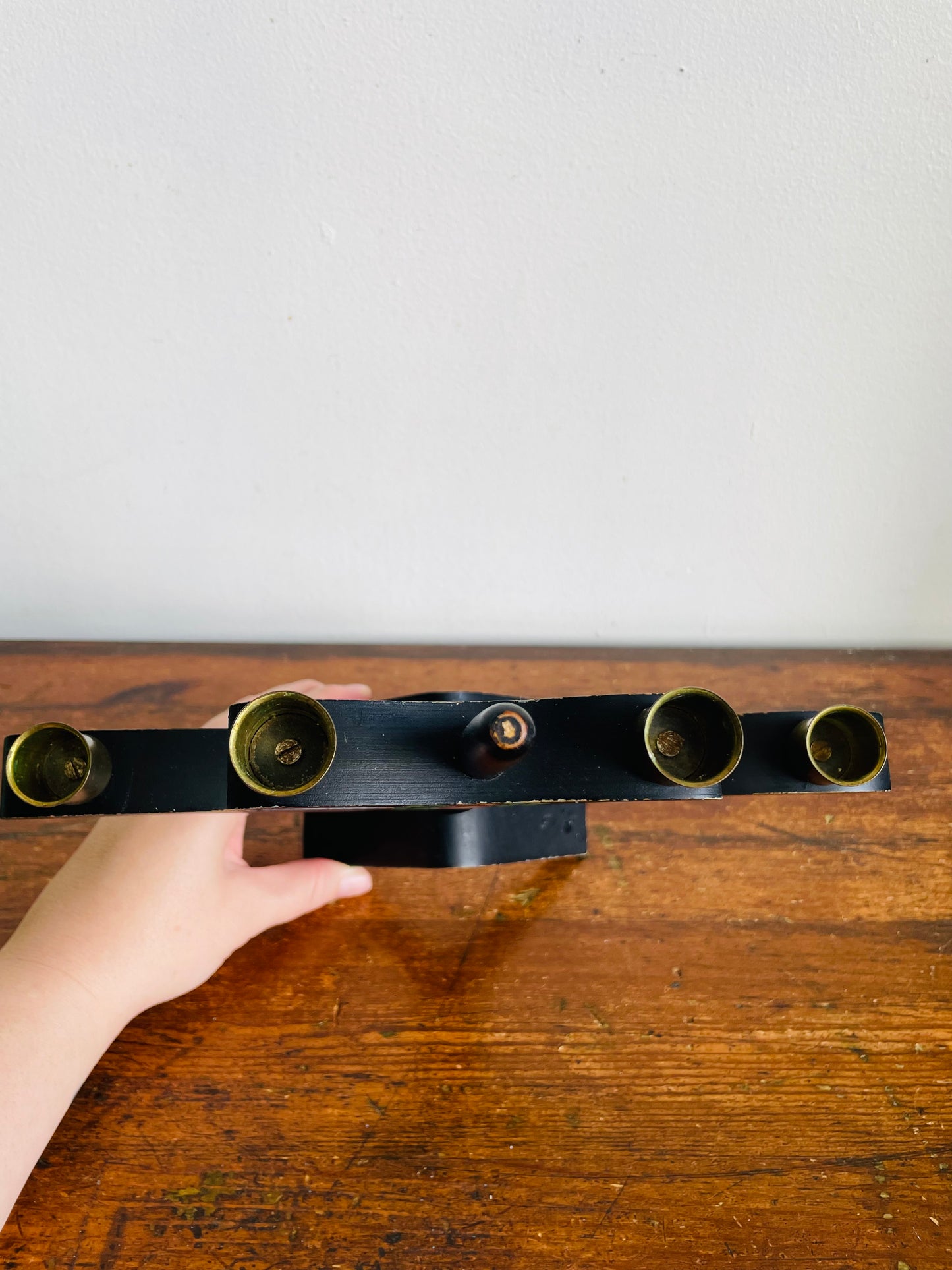 Vintage Scandinavian Folk Art Black Wood & Brass Cup Four Branch Candelabra Candle Holder with Painted Flower Design