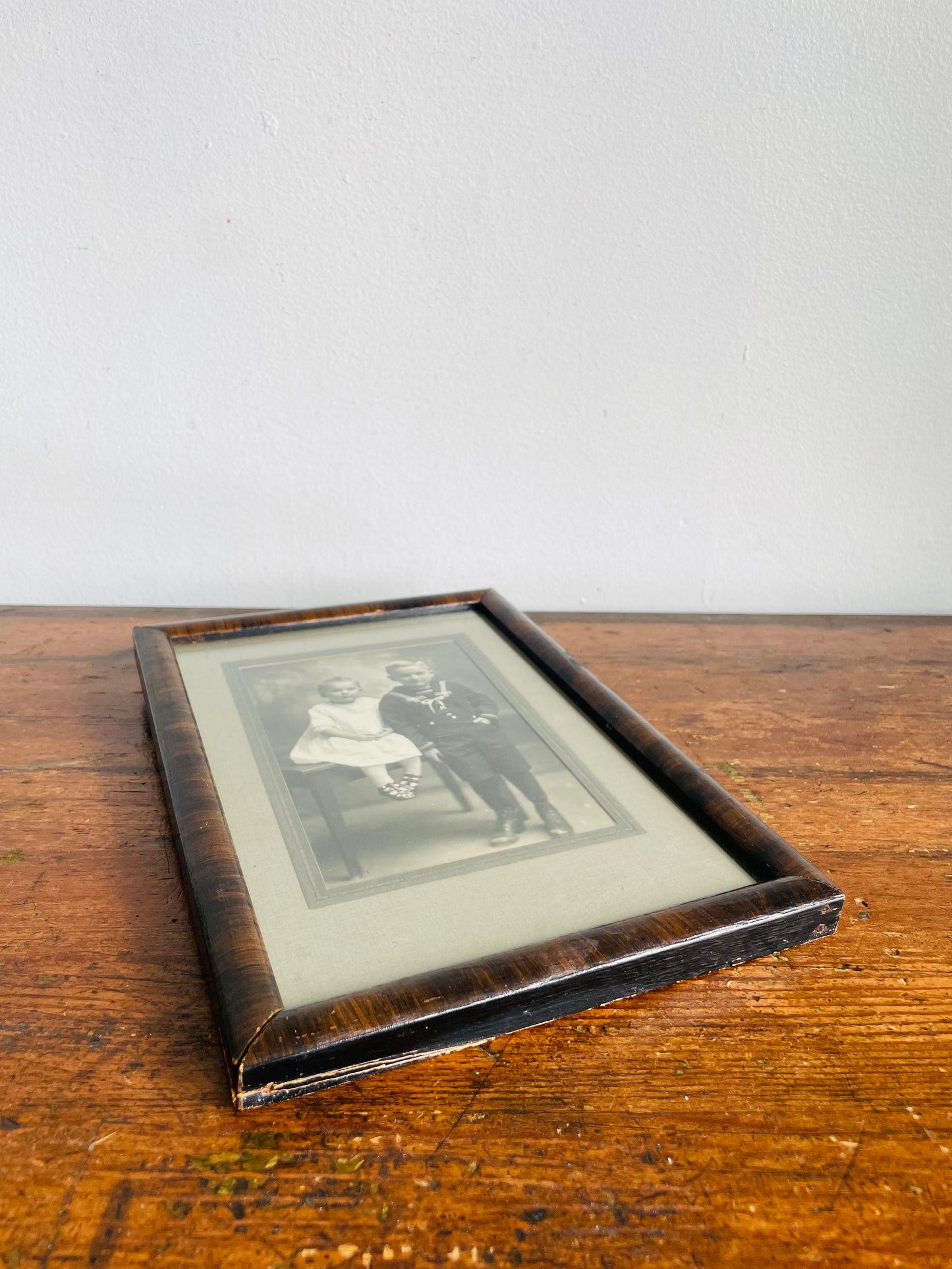 Antique Black & White Photograph of Victorian Era Children in Wood Frame with Mat - Girl in White Dress & Boy in Sailor Suit