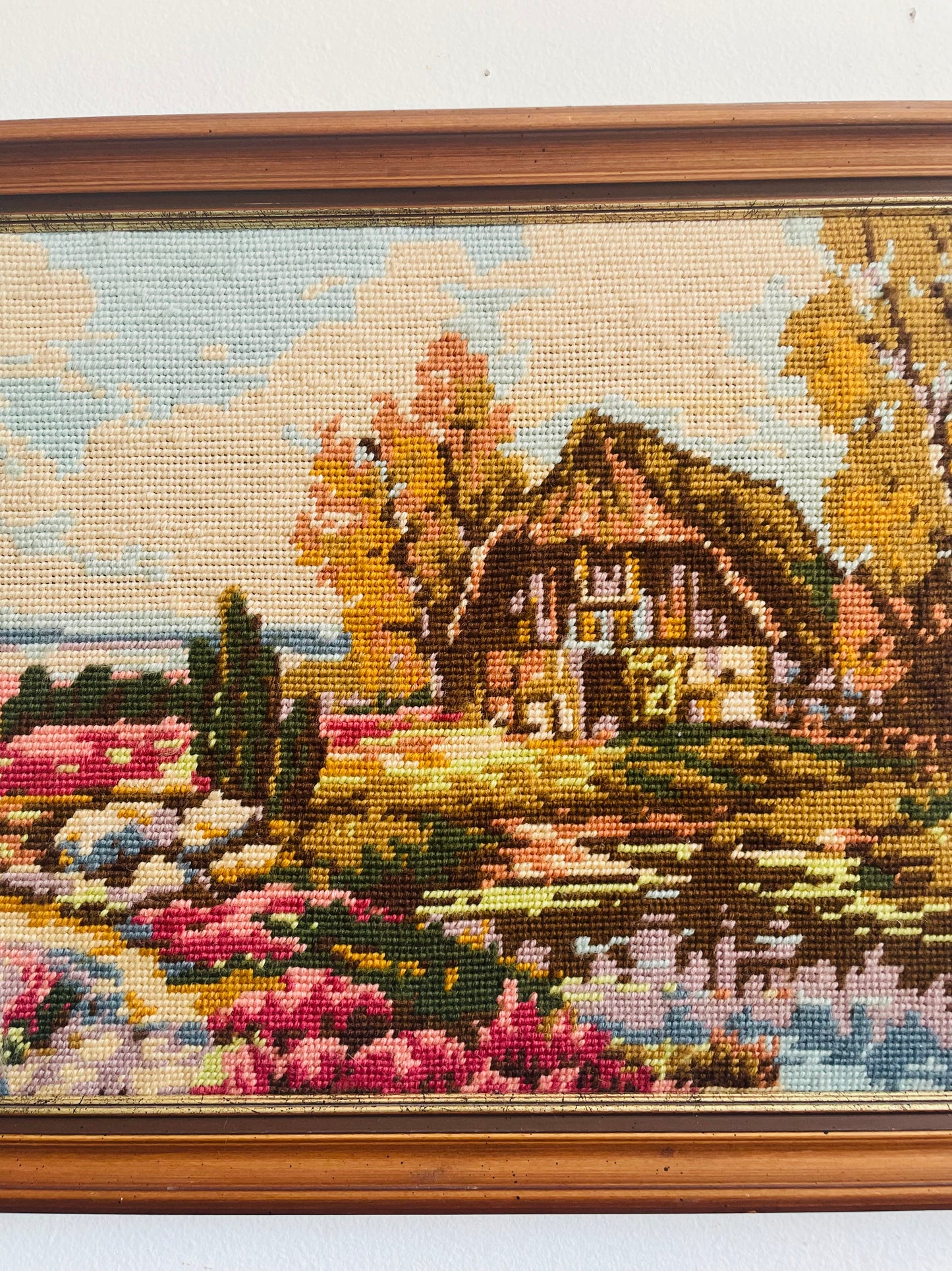 Vintage Needlepoint Embroidery Picture of Thatched Roof Cottage in Countryside with Beautiful Gardens