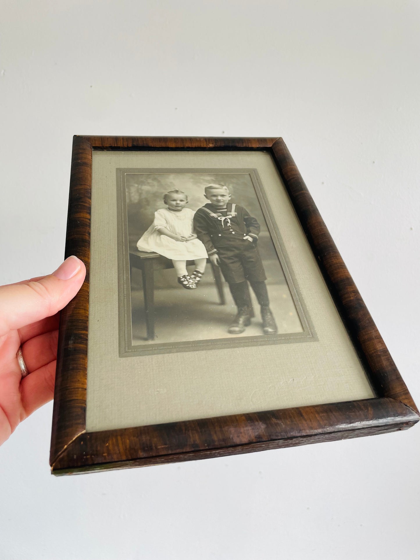 Antique Black & White Photograph of Victorian Era Children in Wood Frame with Mat - Girl in White Dress & Boy in Sailor Suit