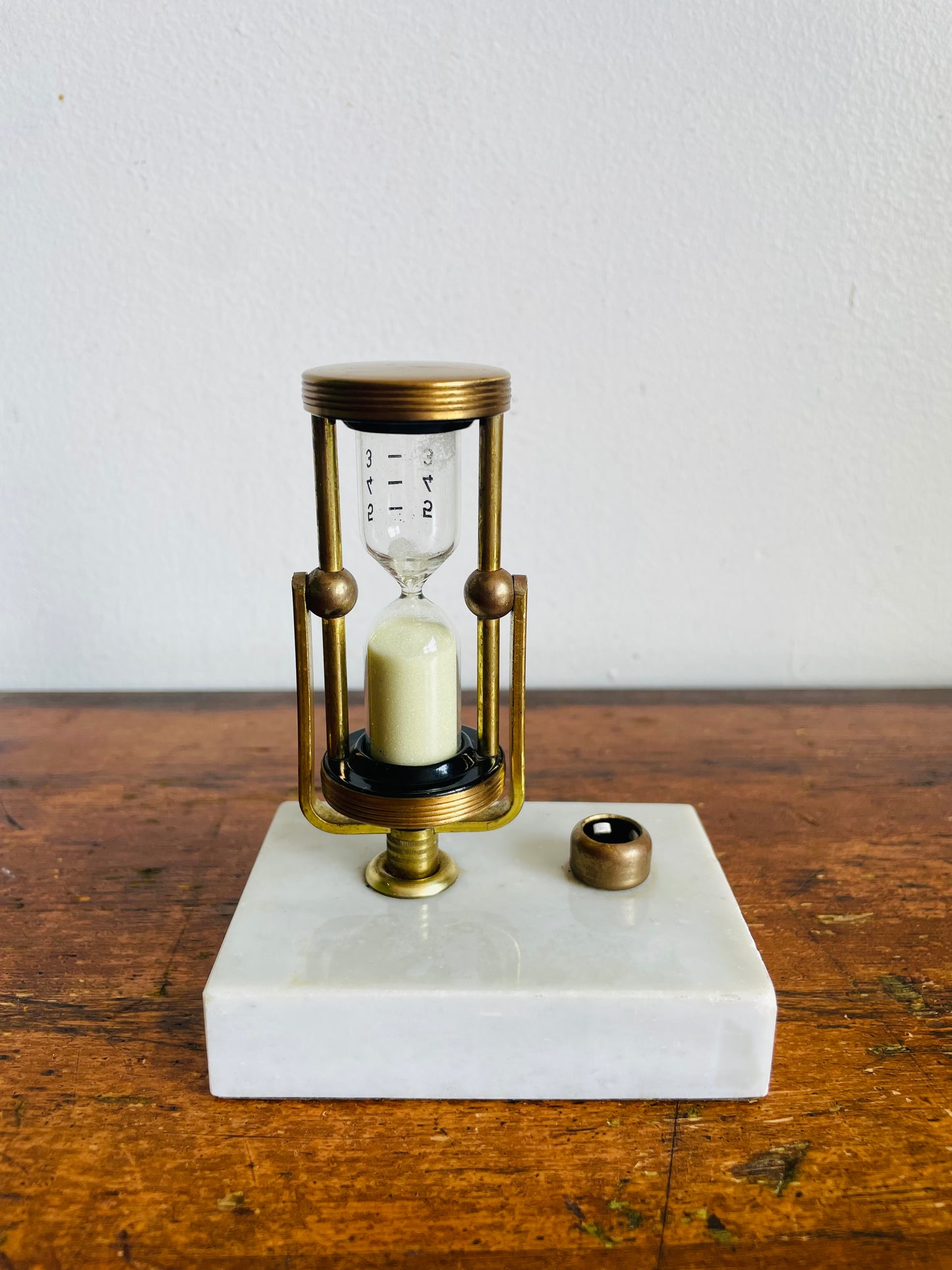 Vintage Brass & Glass Rotating Swinging Hourglass with White Sand on Marble Stone Base - Stylish & Useful!