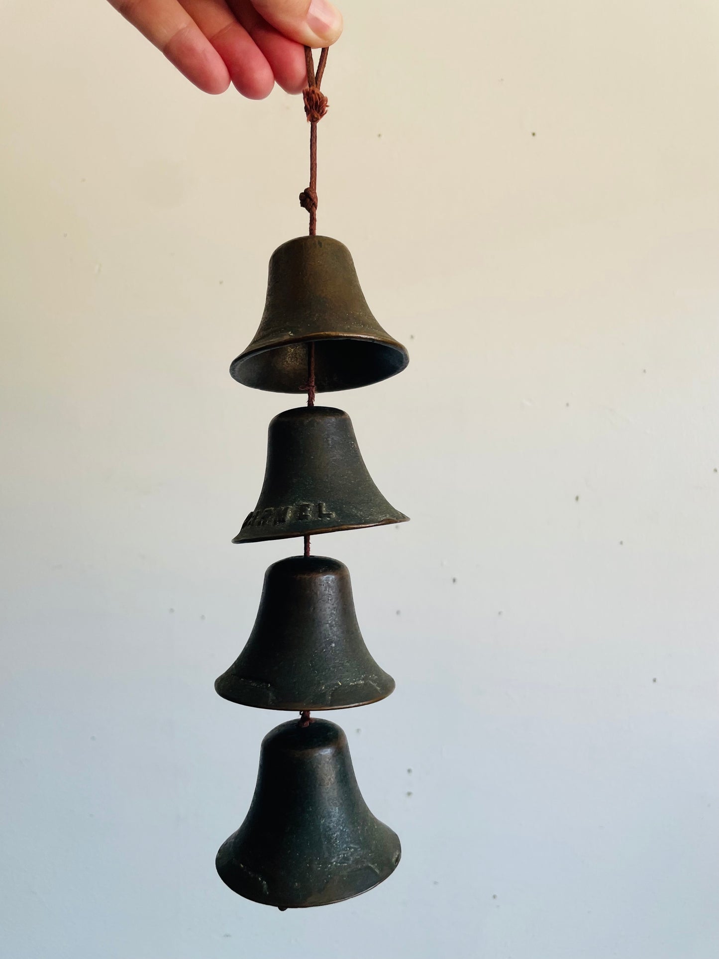 Vintage Carmel California Mission Hanging Bells - Set of 4 on Rope - Heavy & Solid with Aged Patina