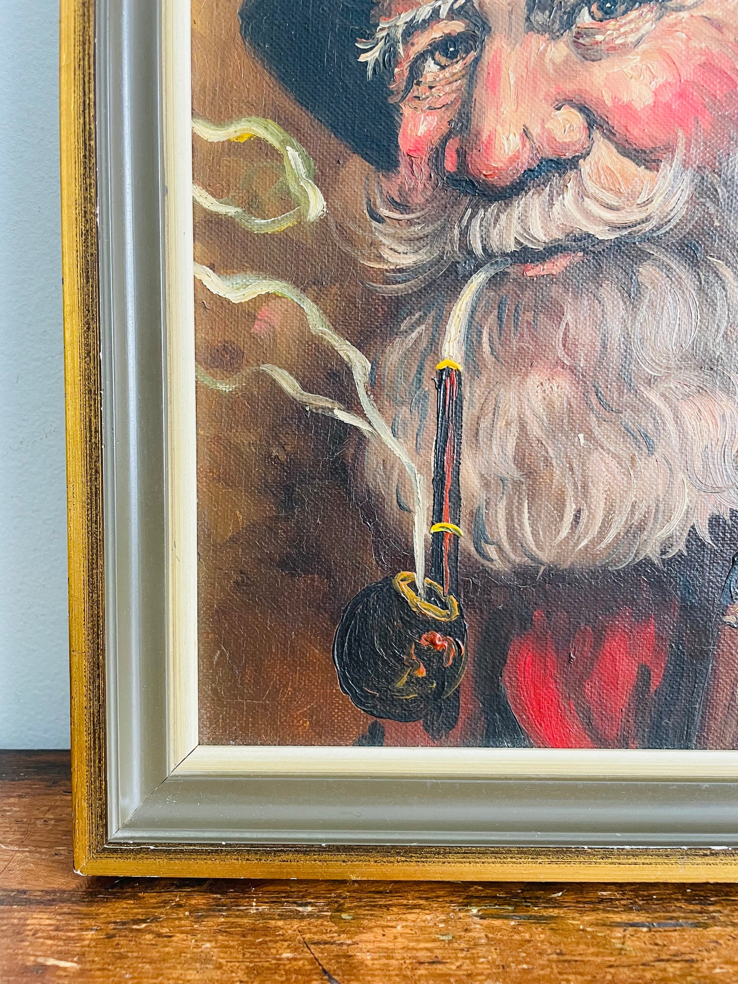 Vintage Original Art Painting Picture - Portrait of a Bavarian Man Wearing a Tyrolean Hat with Feather Plume & Smoking a Pipe