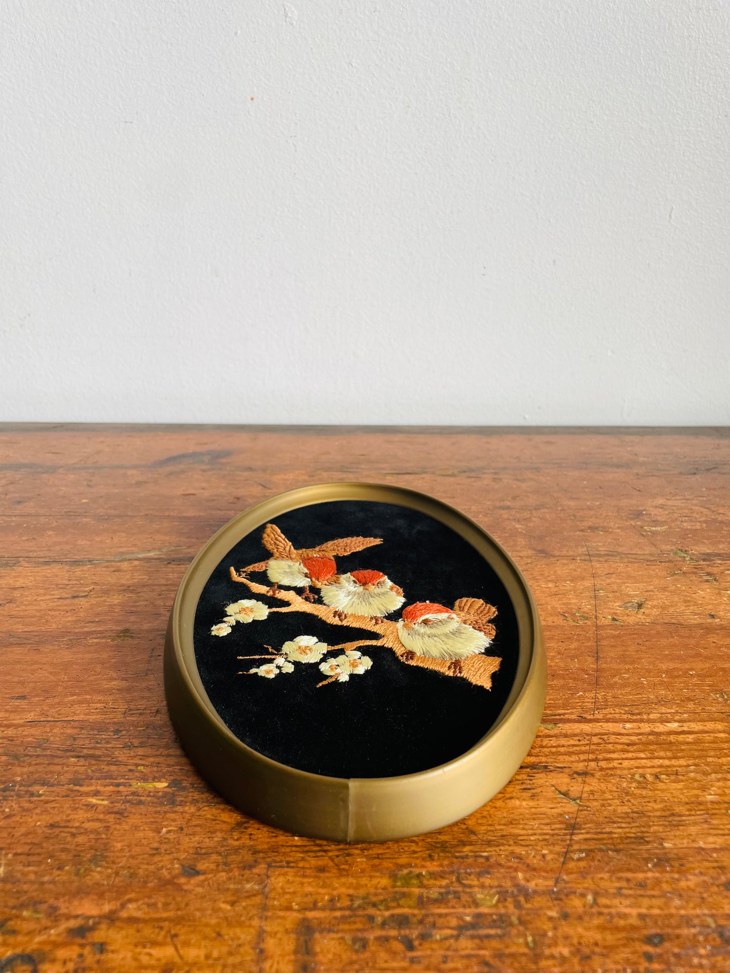 Vintage Ecstasy Giftware Oval Embroidery on Black Velvet Picture of Chickadee Birds in Spring with Flower Blossoms