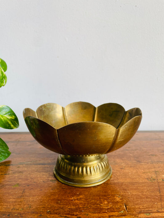 Vintage Brass Pedestal Bowl with Scalloped Rim