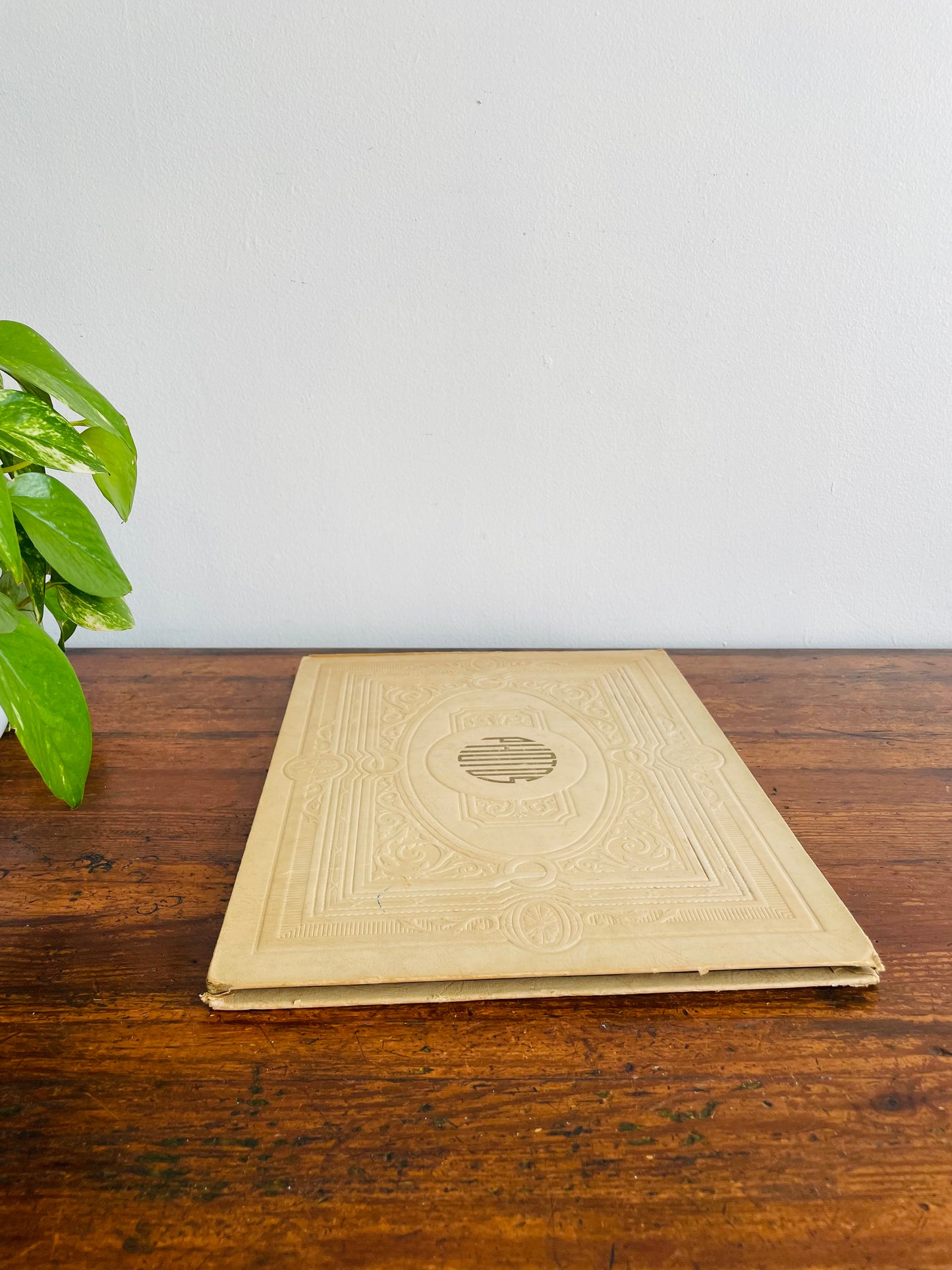 Antique Photo Album or Scrapbook - Cream with Embossed Design - Black Pages - Empty