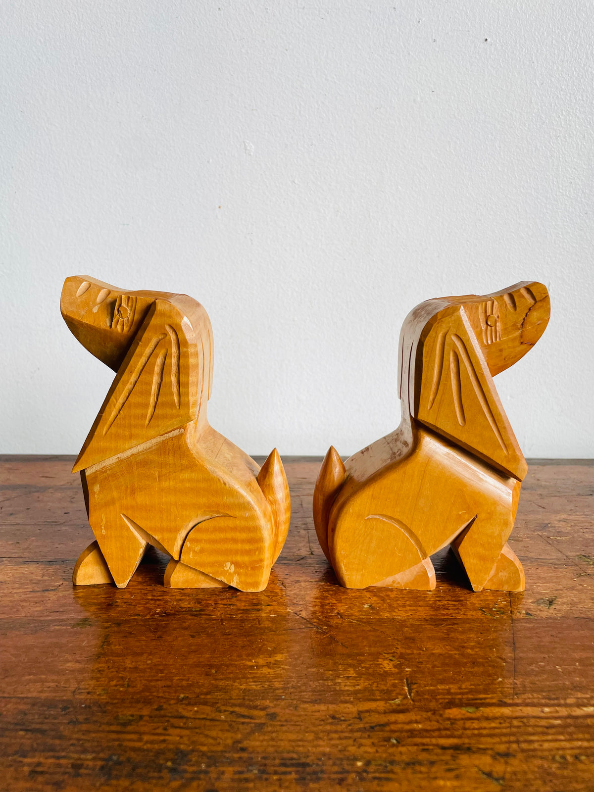 Vintage Carved Wood Hound Dog Bookends - Set of 2