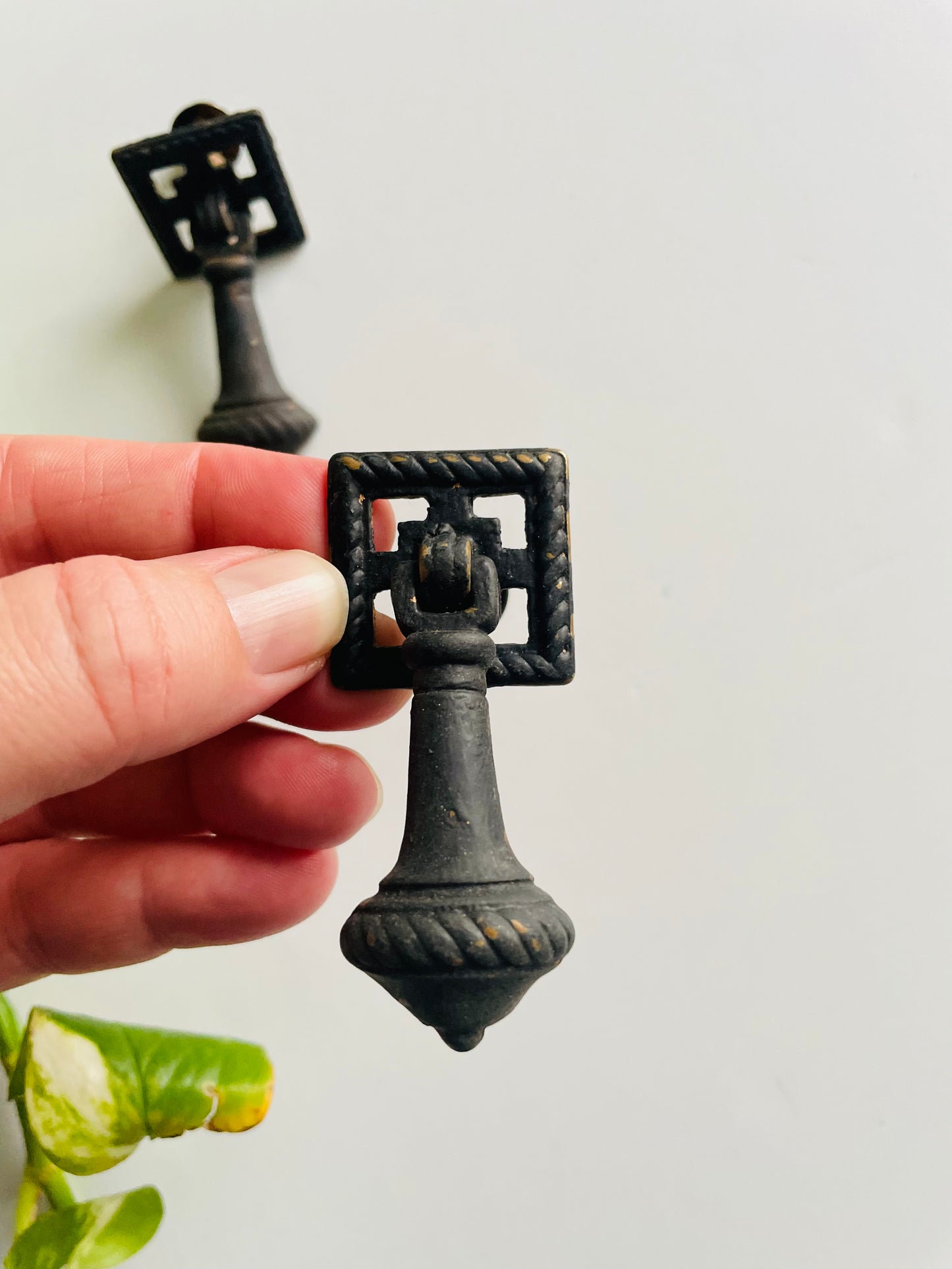 Antique Black Painted Brass Drawer Pull Handles - Set of 2 - As Found